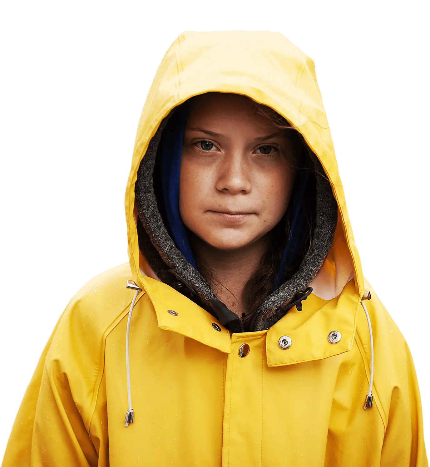 Greta Thunberg in a yellow raincoat